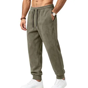 Olive green suede sweatpants detail, drawstring elastic waist casual activewear bottoms