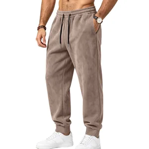 Men suede fleece jogger detail, elastic drawstring waist, comfortable casual sweatpants.
