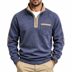 Men's Quarter-Zip Fleece Sweatshirt Contrast Color Long Sleeve Casual Fall Pullover