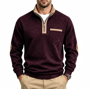 Men's quarter-zip stand collar sweatshirt, cationic fleece material with contrast color details.