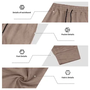 Detailed view of men's suede sweatpants, highlighting elastic waistband, pockets and fabric texture.