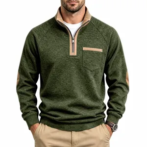 Men's half-zip fleece sweatshirt, cationic fabric, color-block stand collar, detail view.