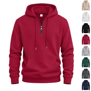 Men's waffle knit quarter zip hoodie casual streetwear loose fit hooded sweatshirt with pocket