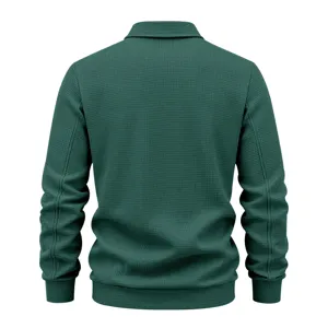 Men's green waffle knit long sleeve zip jacket detail view, casual textured polo.