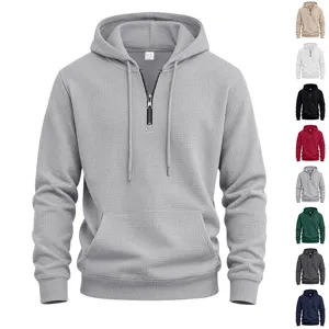 Men Waffle Texture Half Zip Hoodie Streetwear Loose Casual Top Solid Color Polyester Pullover Sweatshirt For Autumn Winter