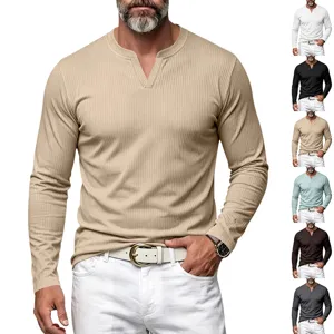 T-shirt homme manches longues col V henley côtelé casual slim fit pull vintage.