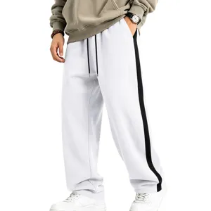 Comfortable mens fleece lined casual sweatpants white with black side stripe straight leg drawstring