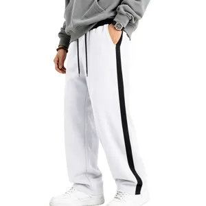 Men's fleece-lined sweatpants with stylish side stripe straight leg casual winter trousers.