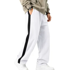 Men fleece sweatpants casual straight leg trousers with stylish side stripe activewear