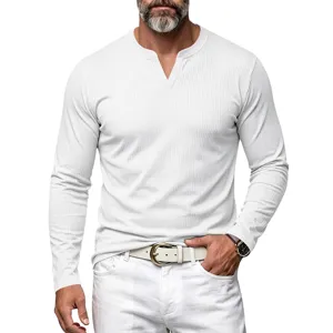 T-shirt Henley à manches longues côtelé blanc pour homme, haut décontracté vintage slim fit.