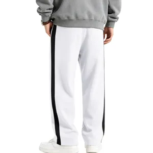 Mens winter fleece lined casual sweatpants in white with black side stripes straight trousers
