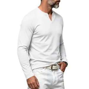 T-shirt Henley à manches longues et col V côtelé blanc pour homme décontracté basique.