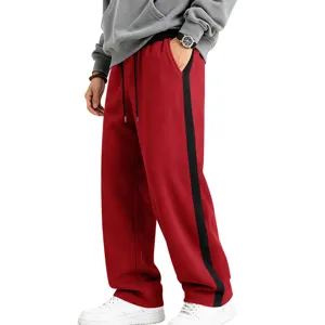 Mens fleece lined sweatpants casual loose fit straight leg red athletic trousers with black stripe