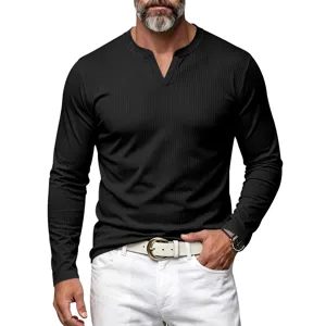 T-shirt Henley à manches longues côtelé pour homme style vintage coupe slim basique