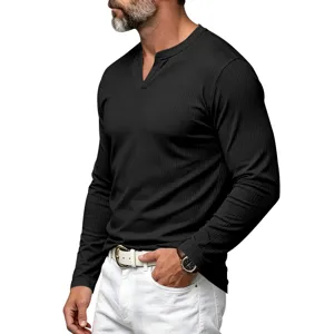 T-shirt homme manches longues en côte Henley col V, t-shirt basique slim pour l'automne.