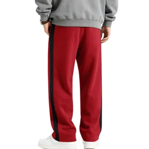 Men casual sport sweatpants red with black side stripe loose straight fit winter warm trousers