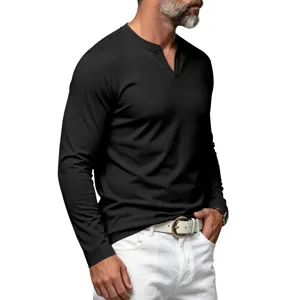 T-shirt homme manches longues côtelé col Henley en V coupe slim unicolore haut basique quotidien