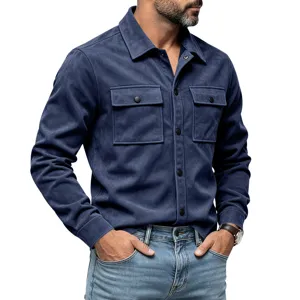 Homme chemise veste utility daim synthétique manches longues bleu marine poches casual