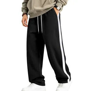 Men's fleece track pants with white side stripe, casual straight leg and cozy drawstring.