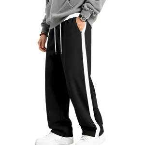 Men's casual sports straight sweatpants with white side stripe and adjustable drawstring.