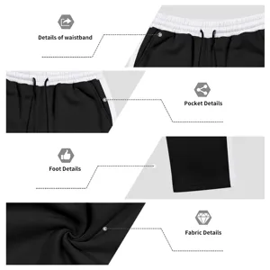 Close-up details of men's casual sweatpants waistband pocket fabric and hem design.