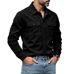 Chemise veste utility en suédine noire pour homme, manches longues décontractées à poches.