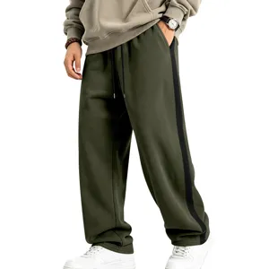 Men's heavyweight fleece-lined casual sweatpants with side stripe and drawstring straight leg.