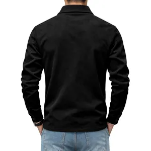 Veste chemise décontractée à manches longues en suédine noire pour homme, coupe confortable.