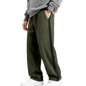 Men's fleece-lined casual sweatpants with side stripe straight leg drawstring trousers.