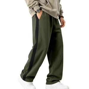 Detailed view of winter fleece-lined men sweatpants with black side stripe and loose fit.