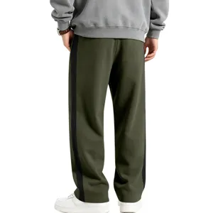 Men winter fleece sweatpants green straight leg casual pants with side stripe detail back view