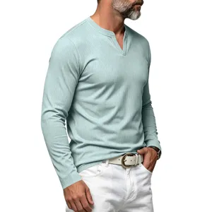 T-shirt homme manches longues côtelé col V Henley, haut rétro casual slim fit automne.