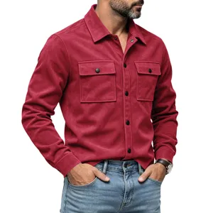 Chemise homme manches longues en suédine, veste de travail rouge avec poches poitrine
