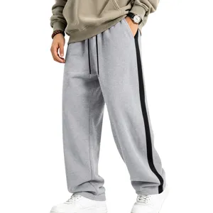 Men's casual fleece-lined sweatpants with side stripe, straight leg, and drawstring waist.