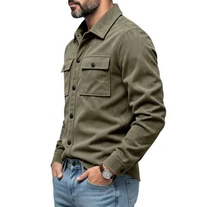 Chemise utilitaire en suédine vert olive pour homme veste de travail casual manches longues
