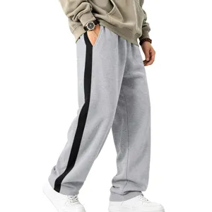 Mens fleece lined sweatpants casual straight leg athletic trousers with black side stripe