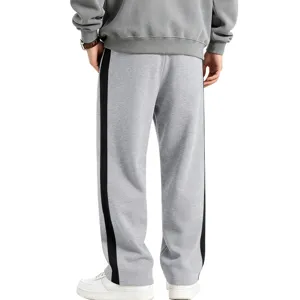 Mens casual grey sweatpants with black side stripes straight leg winter trousers detail