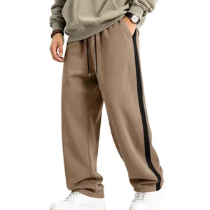Men's casual fleece-lined sweatpants with side stripe straight leg drawstring trousers