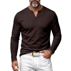 T-shirt homme à manches longues côtelé col V Henley coupe slim haut décontracté