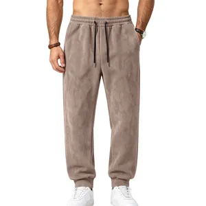 Detailed view of men faux suede sweatpants elastic drawstring waist cuffed casual pants.