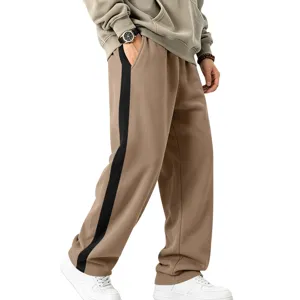 Men's fleece-lined casual sweatpants with contrast side stripe, straight leg design for winter.