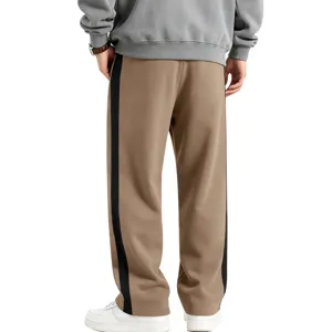 Men's casual fleece-lined sweatpants back detail, khaki straight leg with black side stripes.
