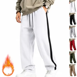 Men Fleece Sweatpants Side Striped Drawstring Straight Leg Loose Warm Winter Bottoms Casual Heavyweight Tracksuit Pants