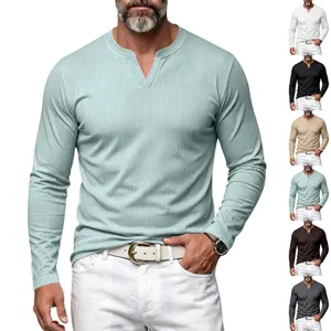 T-Shirt à Manches Longues Henley Col en V Nervuré Lourd pour Homme Rétro Simple Haut Élastique Coupe Slim