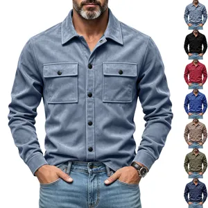 Veste Workwear en Daim pour Hommes Col Rabattu Simple Boutonnage Manches Longues Manteau Casual Top Minimaliste