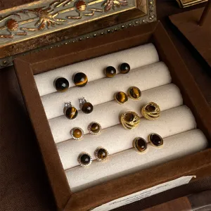 Vintage natürliche Tigerauge Ohrringe Set, braune retro geometrische Ohrstecker Schmuck.