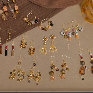 Vintage geometrische Tigerauge Ohrringe, retro Maillard Stil Quaste Anhänger Schmuck Damen.