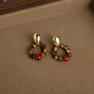 Modische Tigerauge Edelstein Ohrringe retro geometrisch gold Tropfen Schmuck Damen
