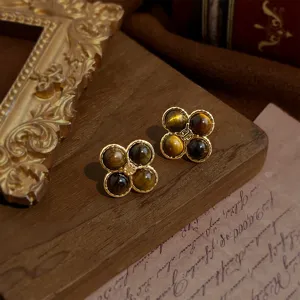 Vintage echter Tigerauge vierblättriger Kleeblatt Ohrstecker Damen Retro Goldschmuck