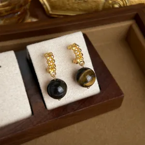 Natürlicher Tigerauge Edelstein Ohrringe retro goldene strukturierte creolen damen